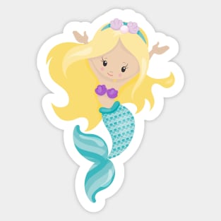 Little Mermaid, Cute Mermaid, Blonde Hair, Shells Sticker